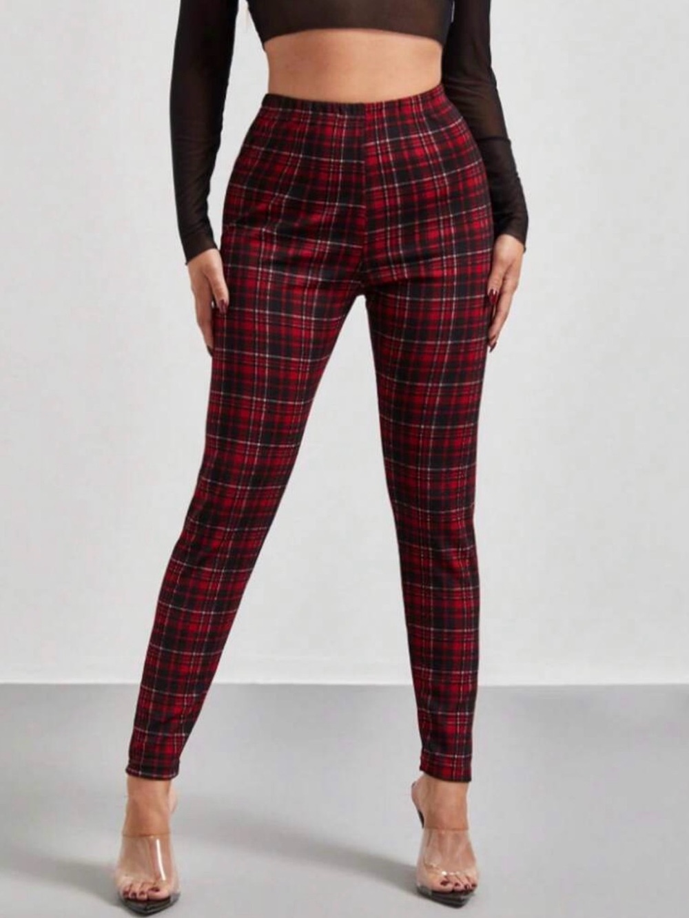 BNWOT Red Plaid High-Waist Skinny Pants